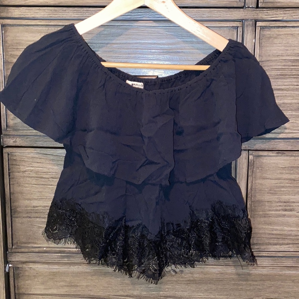 LA Made black ruffle off the shoulder crop top